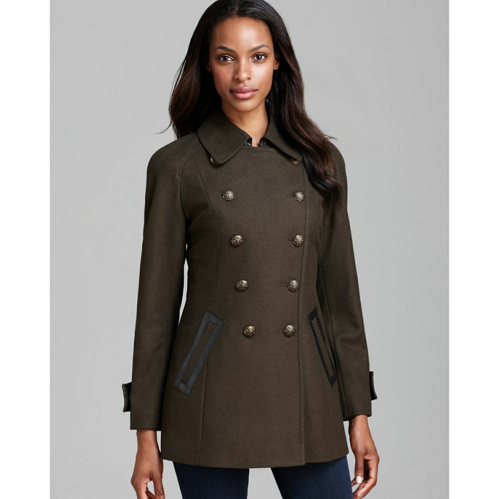 New! Dkny Women's Military Coat Jacket Peacoat Wool-Blend Military Green Size 6